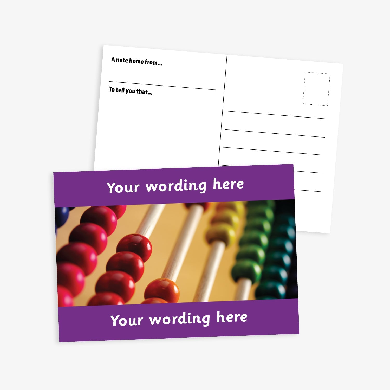 A purple bordered A6-sized personalised postcard featuring a close-up image of a traditional wooden abacus. The design includes customisable text areas above and below the image, allowing for personalised messages. The reverse side is formatted with recipient detail and address.  Available in 9 colour options.​