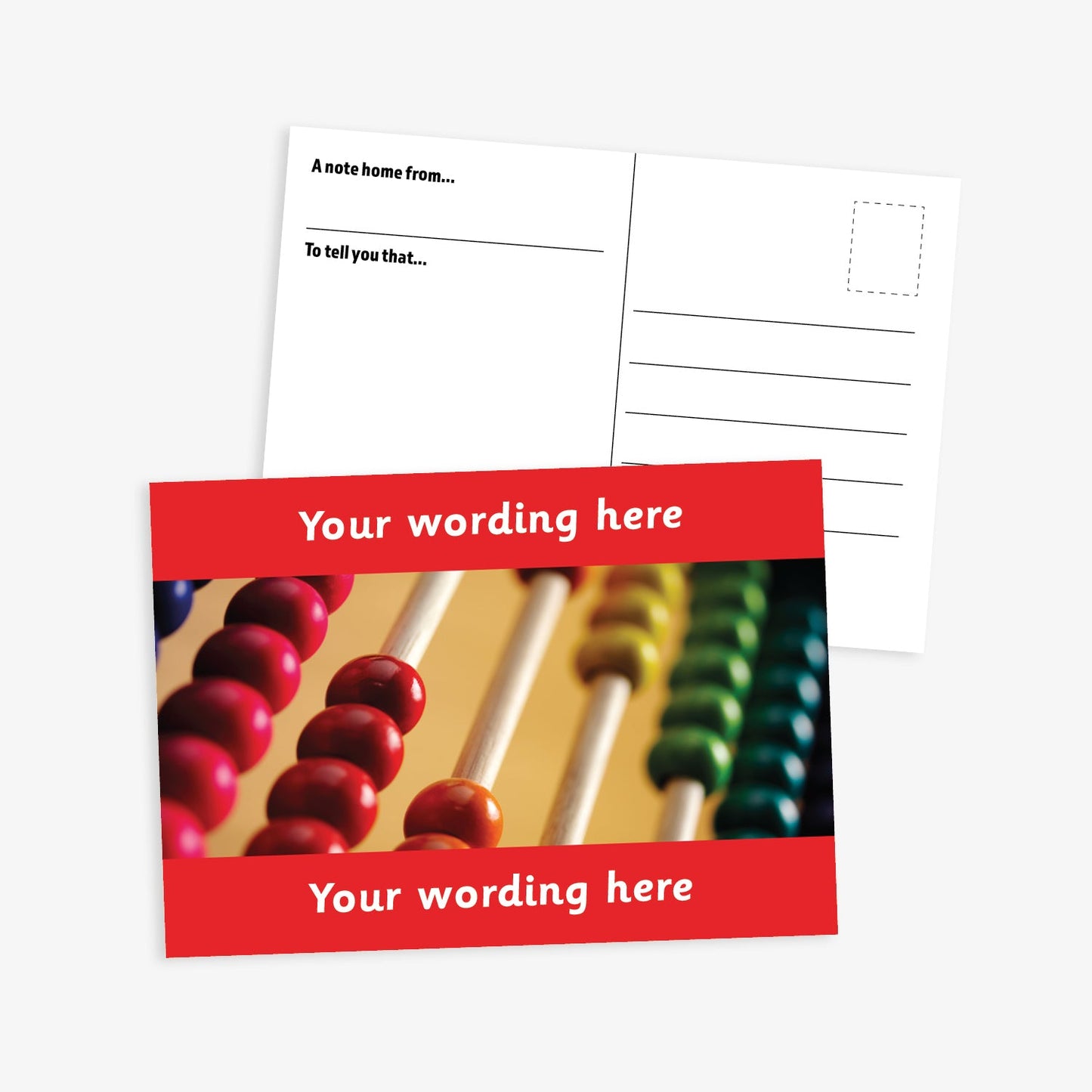 A red bordered A6-sized personalised postcard featuring a close-up image of a traditional wooden abacus. The design includes customisable text areas above and below the image, allowing for personalised messages. The reverse side is formatted with recipient detail and address.  Available in 9 colour options.​