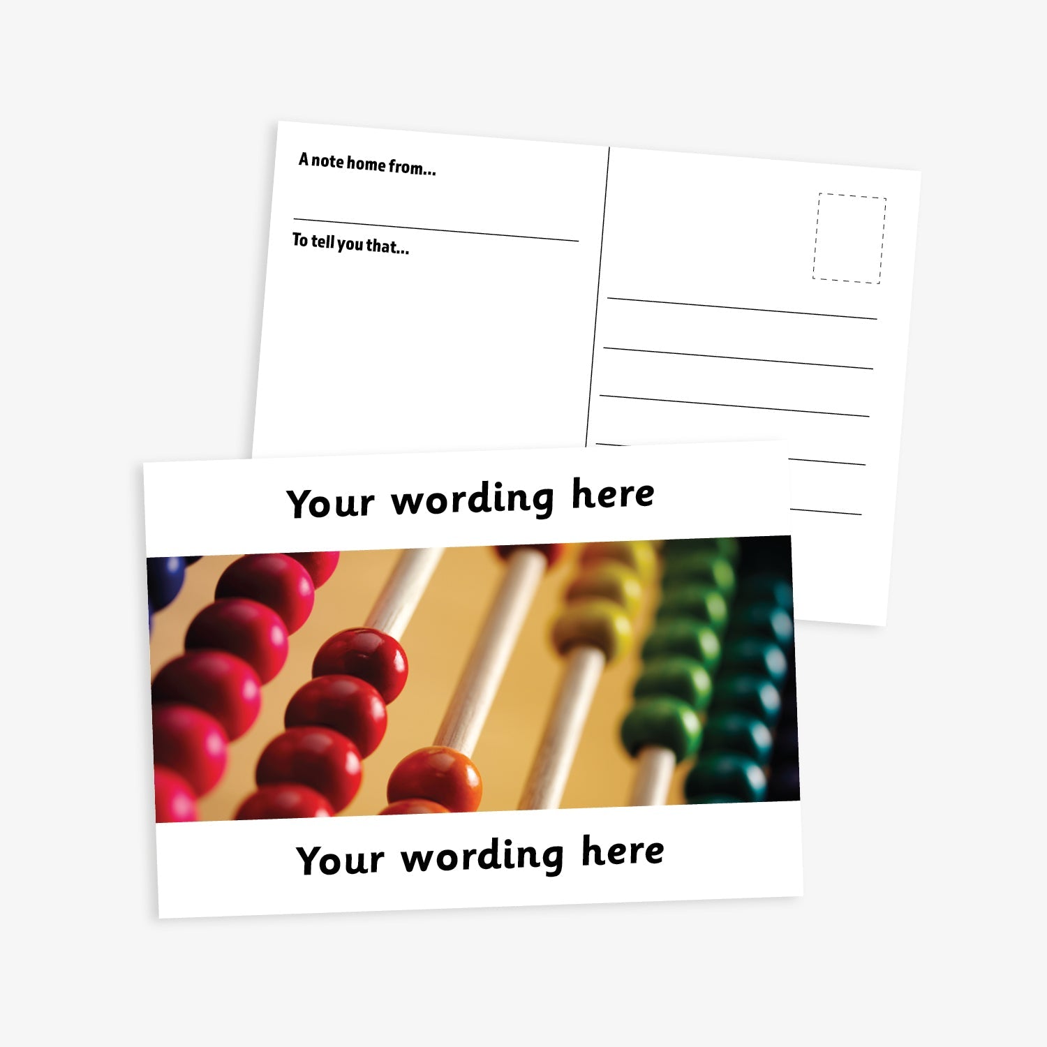A white bordered A6-sized personalised postcard featuring a close-up image of a traditional wooden abacus. The design includes customisable text areas above and below the image, allowing for personalised messages. The reverse side is formatted with recipient detail and address.  Available in 9 colour options.​