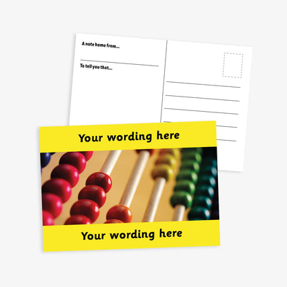 A yellow bordered A6-sized personalised postcard featuring a close-up image of a traditional wooden abacus. The design includes customisable text areas above and below the image, allowing for personalised messages. The reverse side is formatted with recipient detail and address.  Available in 9 colour options.​