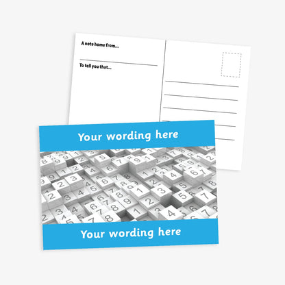 Personalised Numbers Postcard featuring a vibrant cyan border at the top and bottom with space for customisation of text.  The central image is stacks of tiles of numbers.  The reverse has a postcard layout with space for a message and address. The postcard measures A6 size and is designed for rewarding numeracy achievement.
