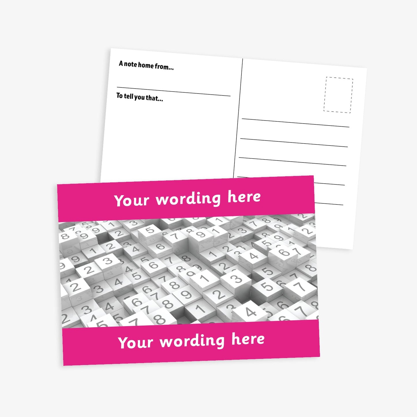 Personalised Numbers Postcard featuring a vibrant pink border at the top and bottom with space for customisation of text.  The central image is stacks of tiles of numbers.  The reverse has a postcard layout with space for a message and address. The postcard measures A6 size and is designed for rewarding numeracy achievement.