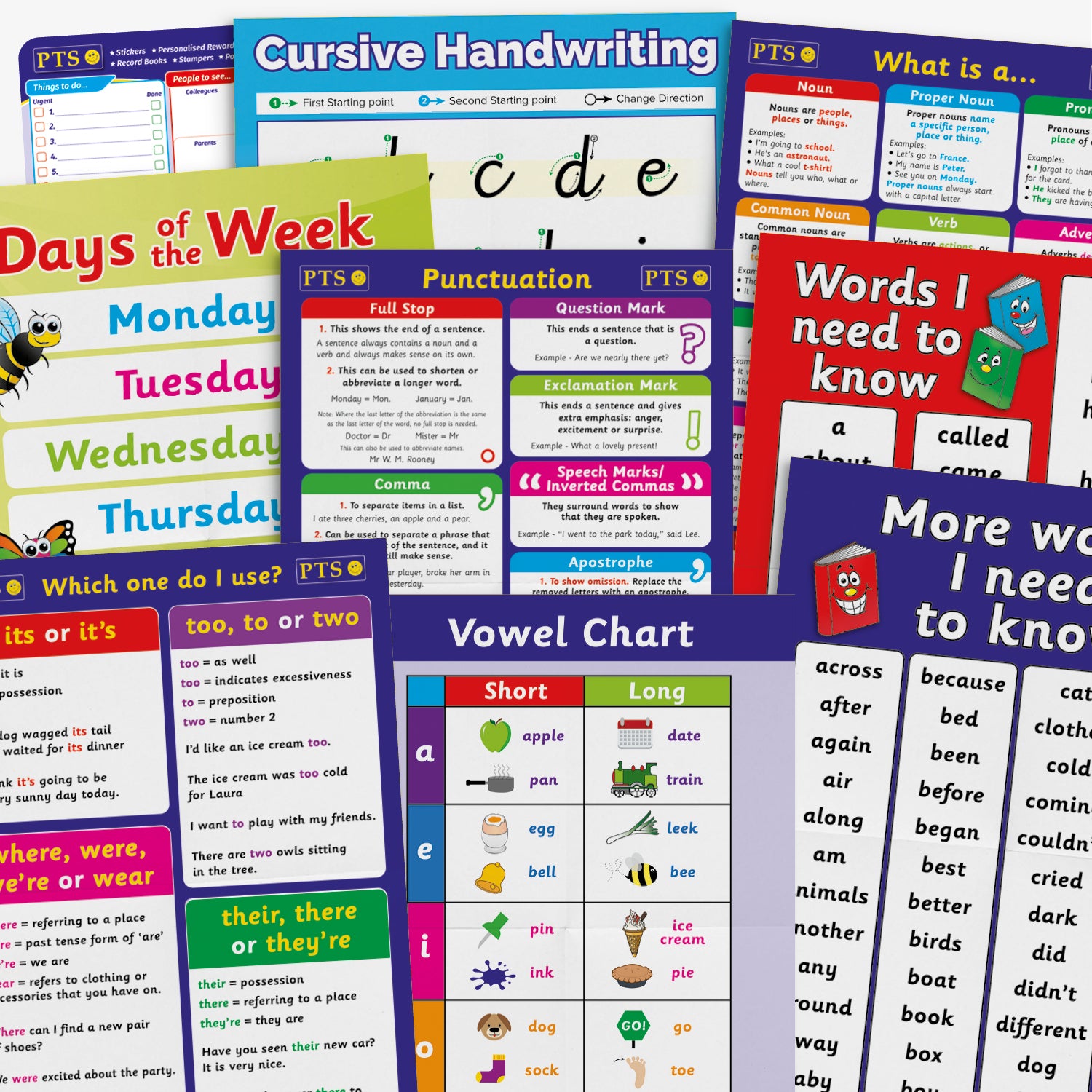 11 A2 posters showing English grammar and pronunciation, including Words I need to know, vowel chart and cursive handwriting.