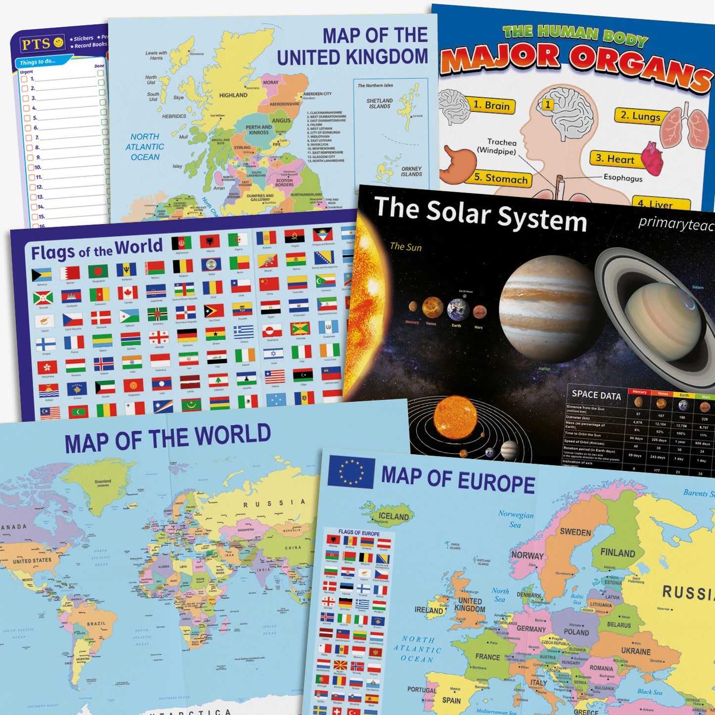 A collection of educational wall posters, including: a map of the United Kingdom, a diagram of major human organs, a solar system chart, a 'Flags of the World' poster, maps of the world and Europe, and a classroom helper chart. Each chart is brightly coloured and clearly labelled, designed to support primary school learning across geography, science, and classroom organisation