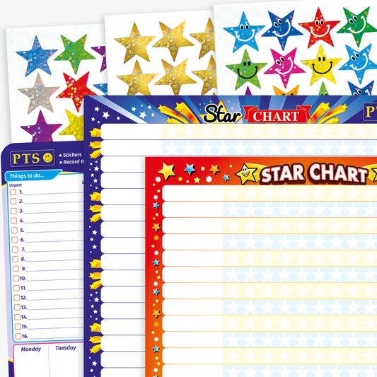 Double sided 'Star Chart' blue with star bursts on one side and red with various stars on the other side. The chart has a grid layout with alternating light blue and light yellow rows for writing pupil names and tracking progress or achievements with star shaped sticker spaces. Sheets of star stickers of varying colours and a whiteboard 'Things to Do'