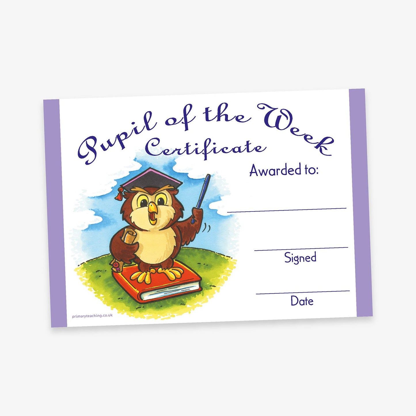 A 'Pupil of the Week Certificate' with a white background and purple borders on each side. The title is written in elegant cursive at the top. On the left side, there is an illustration of a wise-looking owl wearing a mortar board and holding a pointer, standing on a red book. The right side includes blank lines labelled: 'Awarded to:', 'Signed:', and 'Date:'.