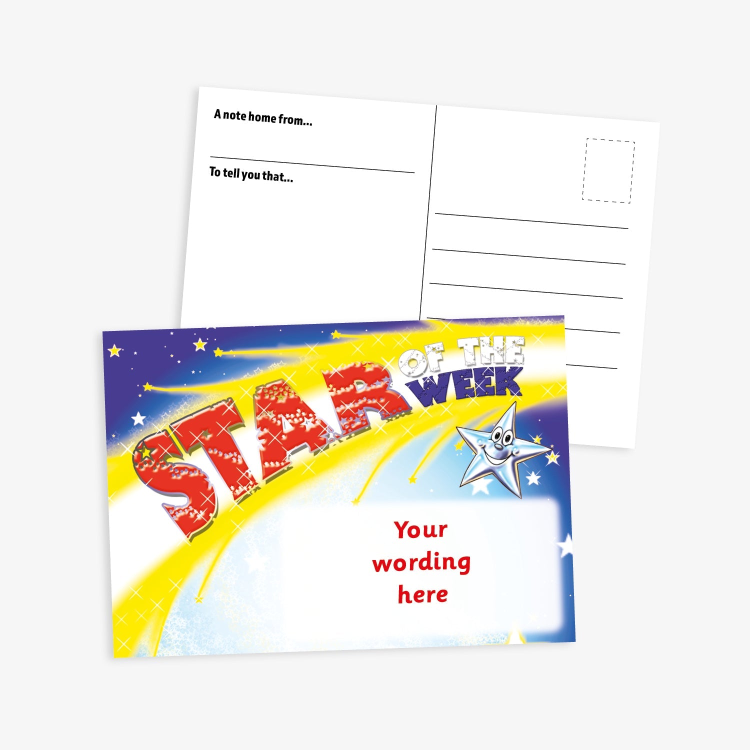 A colourful 'Star of the Week' postcard. The front features a bright night sky with a yellow shooting star and the text 'STAR of the WEEK' alongside a smiling cartoon star. There's space below for custom wording. The reverse side includes lines for writing a note, with prompts reading 'A note home from...' and 'To tell you that...', along with standard postcard address lines and a stamp box.