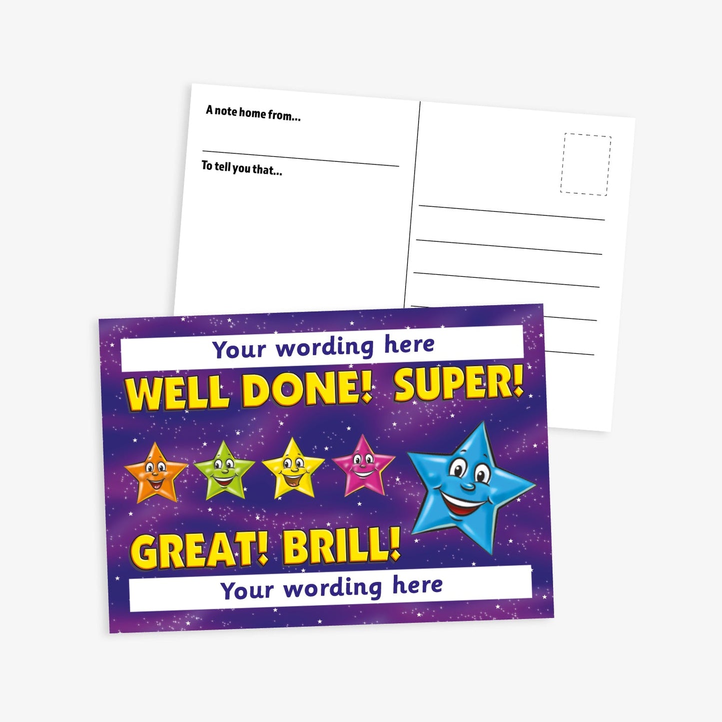 Vibrant purple postcard featuring five colourful cartoon stars with cheerful expressions and bold congratulatory phrases: 'WELL DONE! SUPER! GREAT! BRILL!' with customisable wording areas above and below. The reverse side includes space for a message and address.