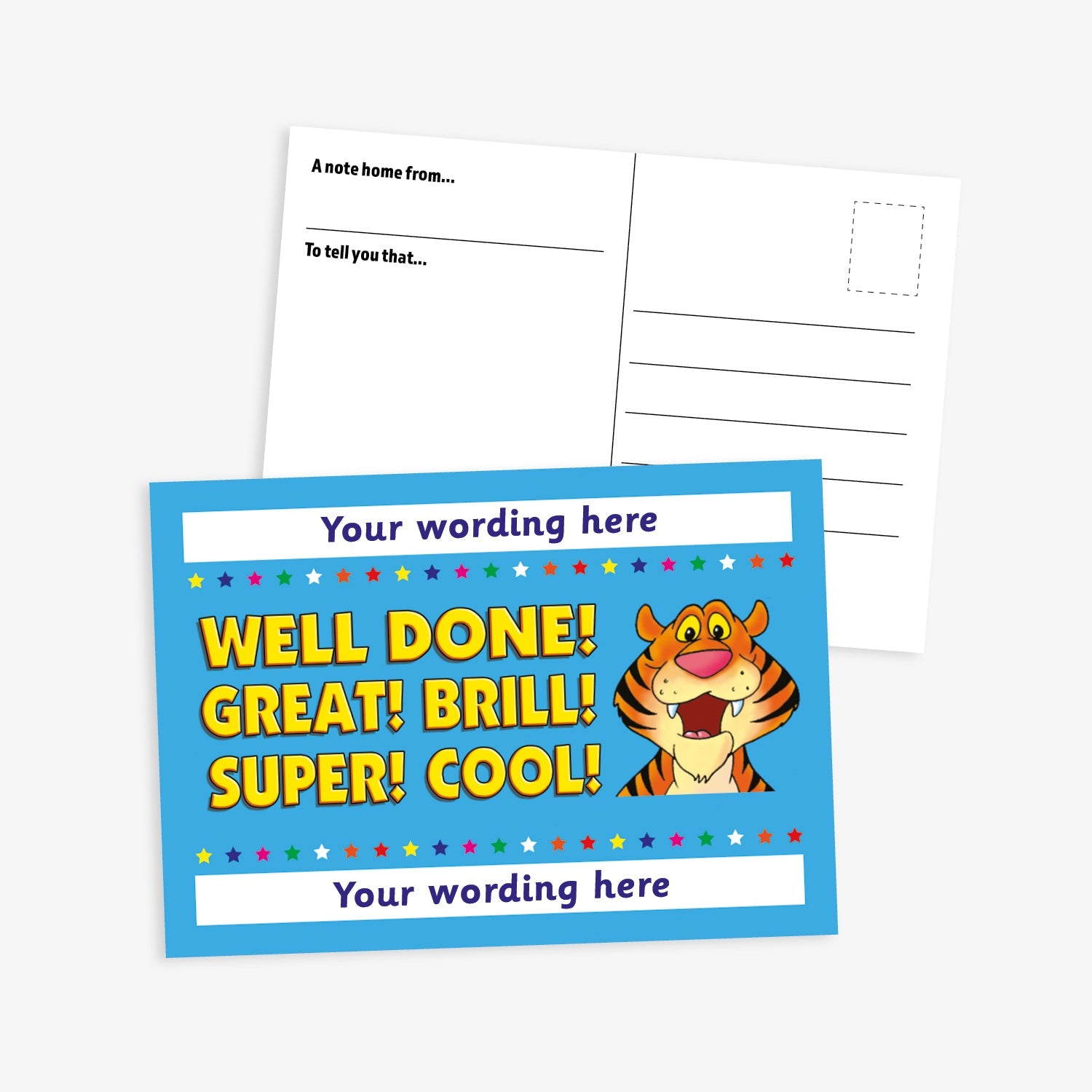 Bright and cheerful postcard with a cartoon tiger and praise phrases like 'Well done!', 'Great!', and 'Super!' with space for custom wording above and below.