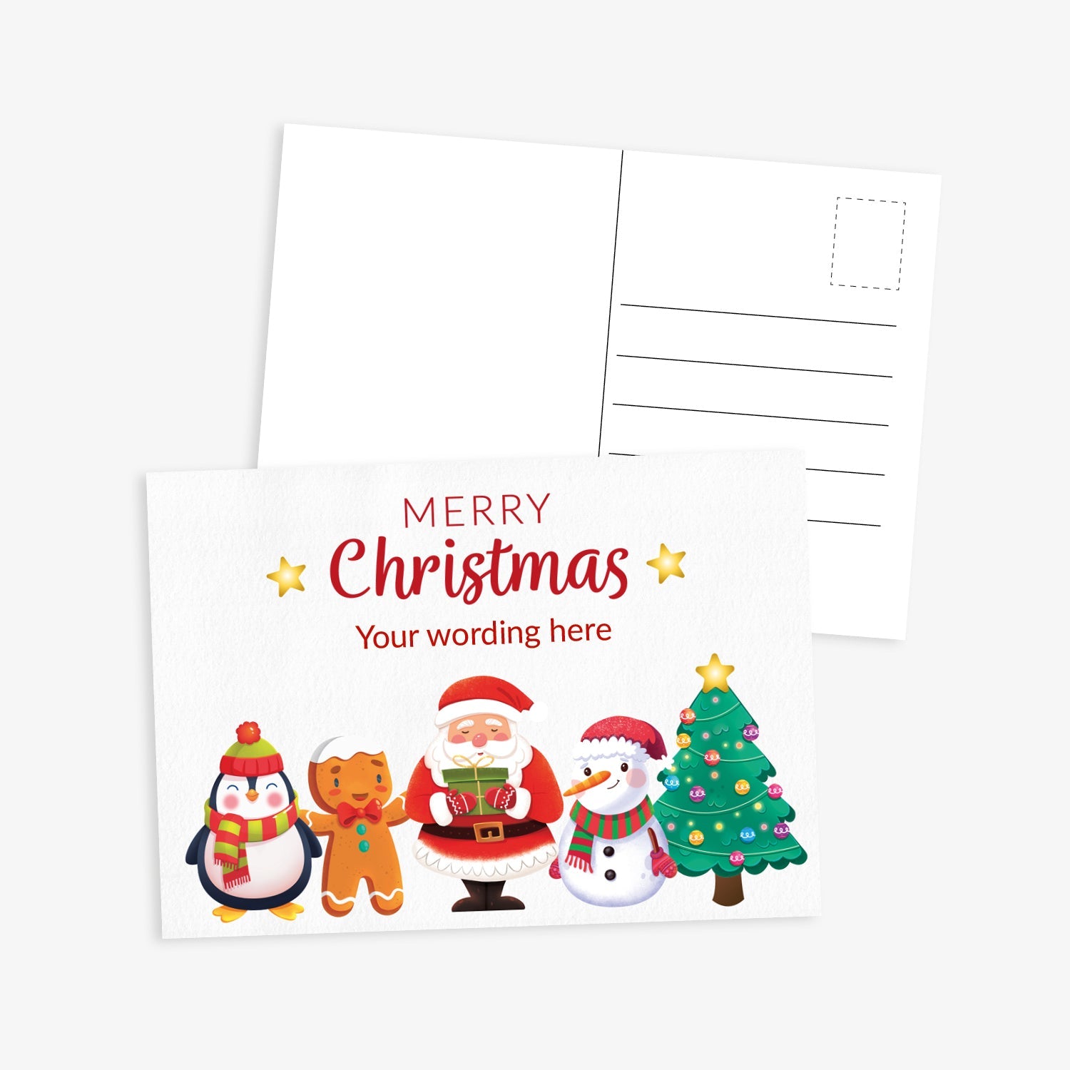 Front and back of a festive Christmas postcard. The front features the text 'Merry Christmas' and space for custom wording, with illustrations of a penguin, gingerbread figure, Father Christmas, snowman, and Christmas tree. The back includes standard postcard lines for address and message
