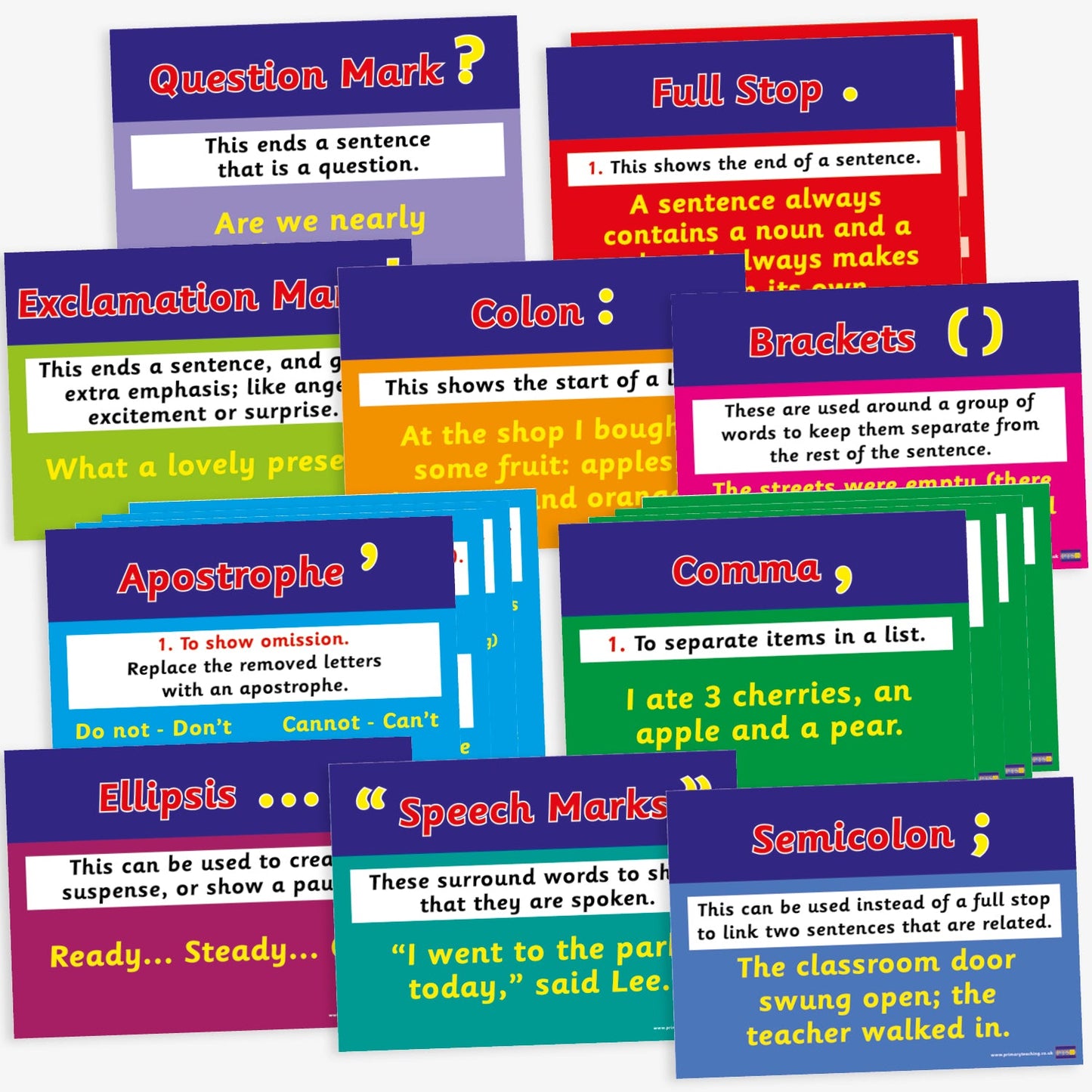 Set of 17 A4-sized punctuation posters designed for classroom use. Each poster features a specific punctuation mark—such as full stop, comma, apostrophe, colon, semicolon, brackets, ellipsis, question mark, exclamation mark, and speech marks—accompanied by a clear definition and example sentence. The posters are brightly coloured with bold, legible text, intended to support pupils' understanding of punctuation in literacy education.