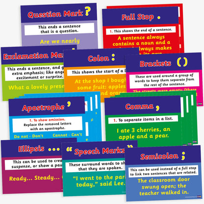 Set of 17 A4-sized punctuation posters designed for classroom use. Each poster features a specific punctuation mark—such as full stop, comma, apostrophe, colon, semicolon, brackets, ellipsis, question mark, exclamation mark, and speech marks—accompanied by a clear definition and example sentence. The posters are brightly coloured with bold, legible text, intended to support pupils' understanding of punctuation in literacy education.