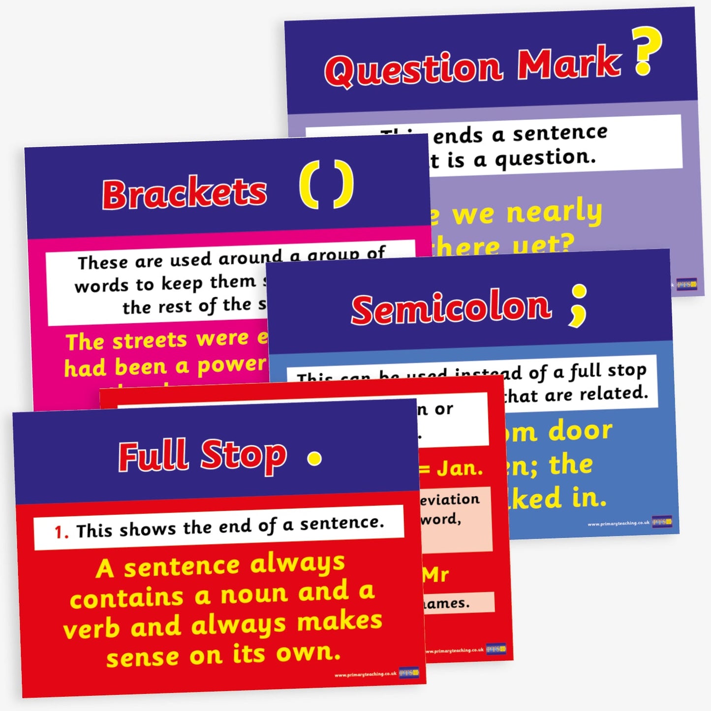 Set of 17 A4-sized punctuation posters designed for classroom use. Each poster features a specific punctuation mark—such as full stop, comma, apostrophe, colon, semicolon, brackets, ellipsis, question mark, exclamation mark, and speech marks—accompanied by a clear definition and example sentence. The posters are brightly coloured with bold, legible text, intended to support pupils' understanding of punctuation in literacy education.
