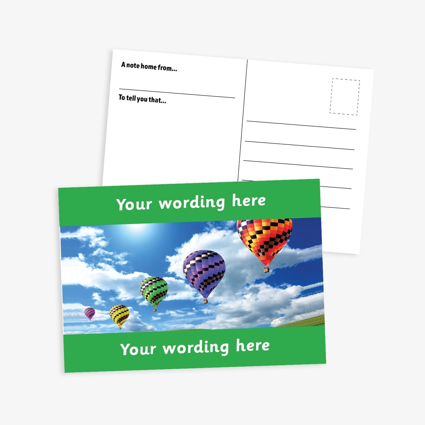 Personalised A6 Hot Air Balloon Postcard, featuring a vibrant green border framing a sky scene with multiple colourful hot air balloons floating among clouds. The front side includes the placeholder text 'Your wording here!' in bold white letters, allowing for customisation. The reverse side displays a standard postcard layout with space for a message and address.
