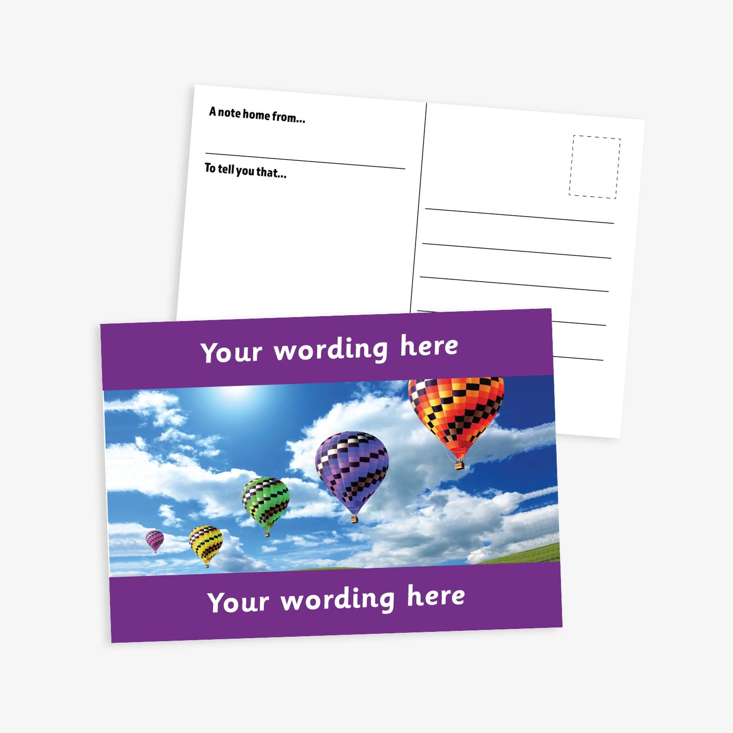 Personalised A6 Hot Air Balloon Postcard, featuring a purple border framing a sky scene with multiple colourful hot air balloons floating among clouds. The front side includes the placeholder text 'Your wording here!' in bold white letters, allowing for customisation. The reverse side displays a standard postcard layout with space for a message and address.