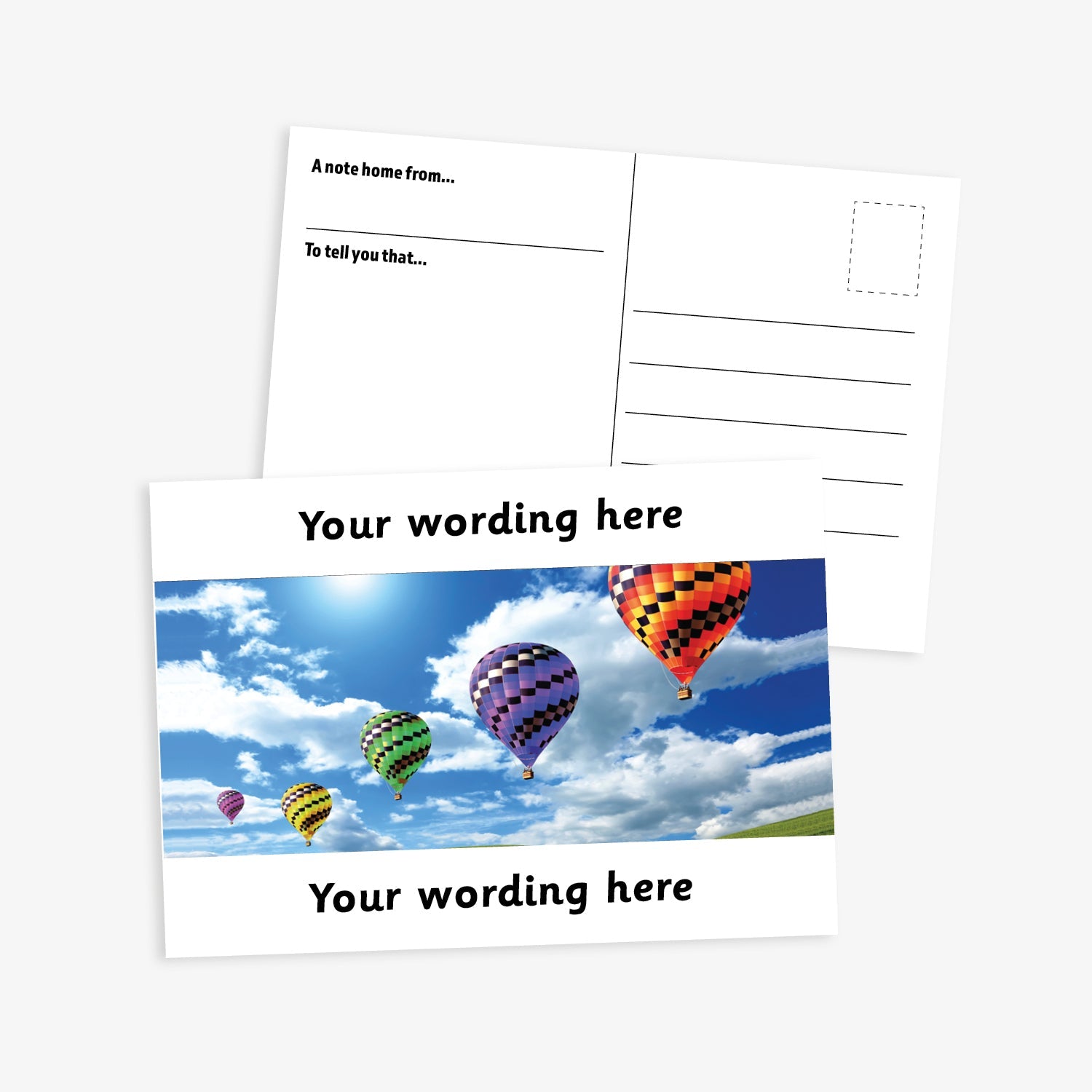 Personalised A6 Hot Air Balloon Postcard, featuring a white border framing a sky scene with multiple colourful hot air balloons floating among clouds. The front side includes the placeholder text 'Your wording here!' in bold white letters, allowing for customisation. The reverse side displays a standard postcard layout with space for a message and address.