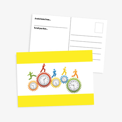 Front and back of a school-themed postcard. The front features colourful clock faces inside interlocking cogs with silhouettes of children running across them, set on a white background with yellow borders at the top and bottom each with space for customisation 'Your Wording Here'. The back includes lines for writing and printed prompts: 'A note home from...' and 'To tell you that...