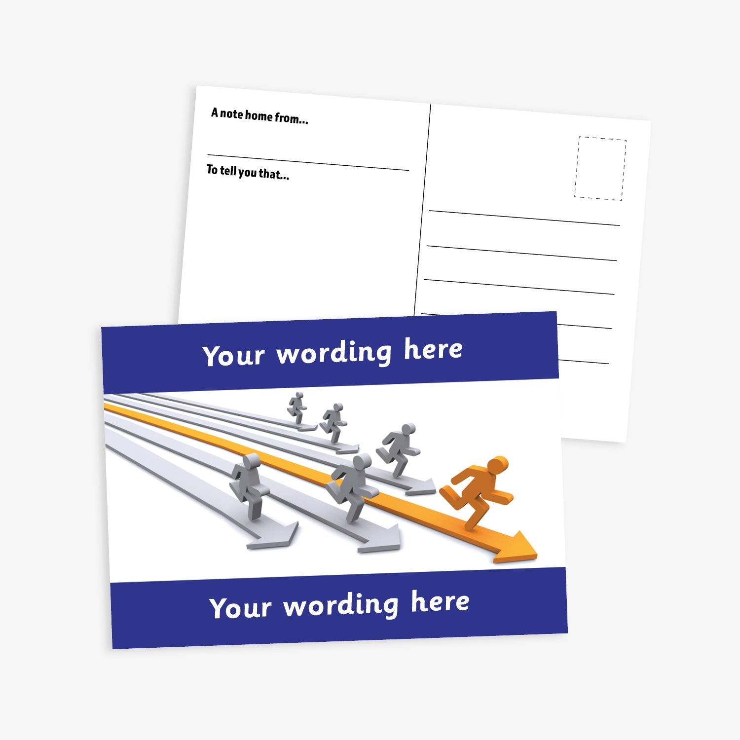 A blue bordered A6-sized personalised postcard featuring silver and gold 3D people running on corresponding coloured 3D arrows. The design includes customisable text areas above and below the image, allowing for personalised messages. The reverse side is formatted with recipient detail and address.  Available in 9 colour options.​