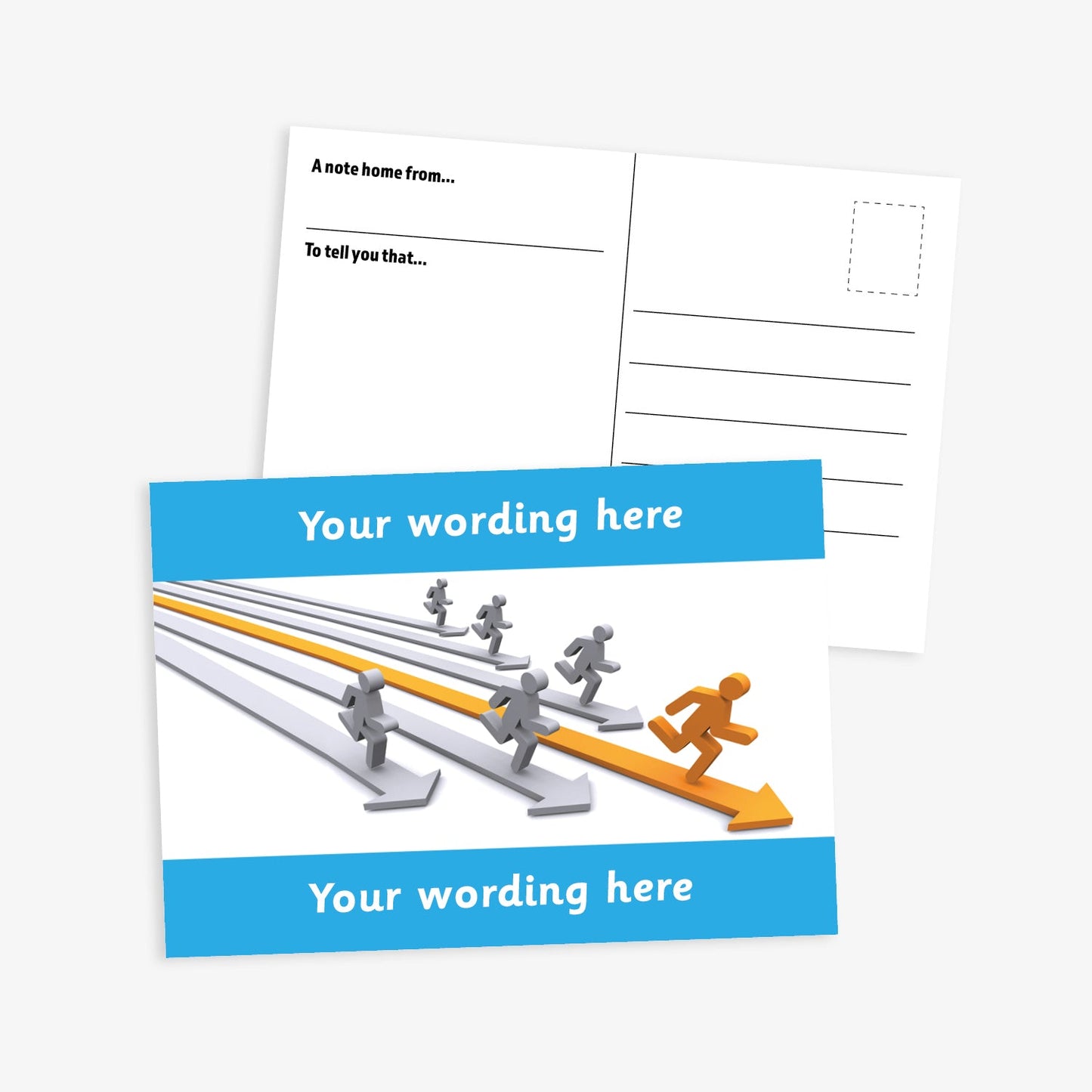 A cyan bordered A6-sized personalised postcard featuring silver and gold 3D people running on corresponding coloured 3D arrows. The design includes customisable text areas above and below the image, allowing for personalised messages. The reverse side is formatted with recipient detail and address.  Available in 9 colour options.​