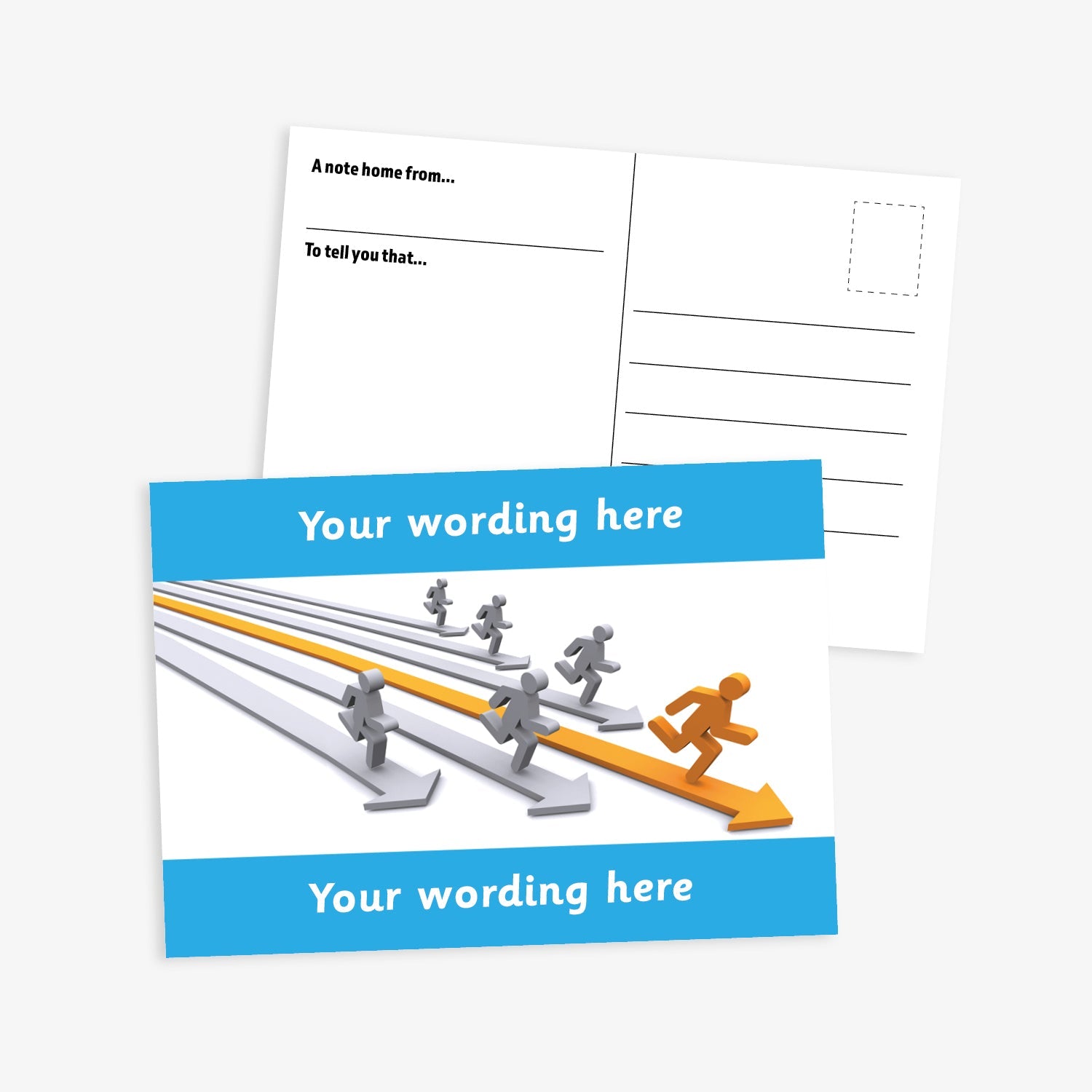 A cyan bordered A6-sized personalised postcard featuring silver and gold 3D people running on corresponding coloured 3D arrows. The design includes customisable text areas above and below the image, allowing for personalised messages. The reverse side is formatted with recipient detail and address.  Available in 9 colour options.​