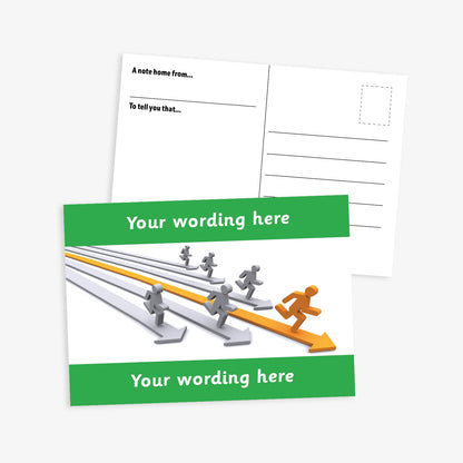 A green bordered A6-sized personalised postcard featuring silver and gold 3D people running on corresponding coloured 3D arrows. The design includes customisable text areas above and below the image, allowing for personalised messages. The reverse side is formatted with recipient detail and address.  Available in 9 colour options.​