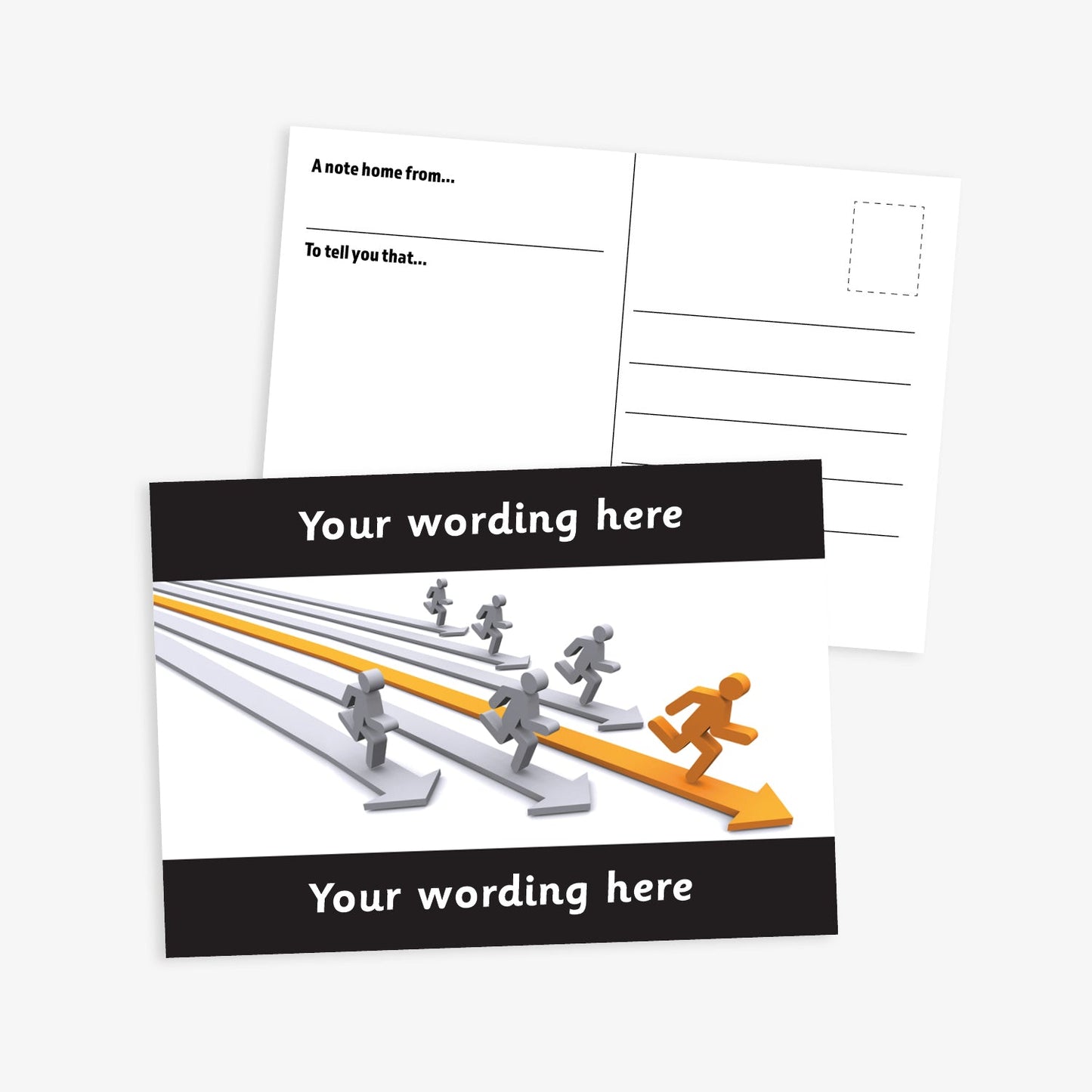 A black bordered A6-sized personalised postcard featuring silver and gold 3D people running on corresponding coloured 3D arrows. The design includes customisable text areas above and below the image, allowing for personalised messages. The reverse side is formatted with recipient detail and address.  Available in 9 colour options.​