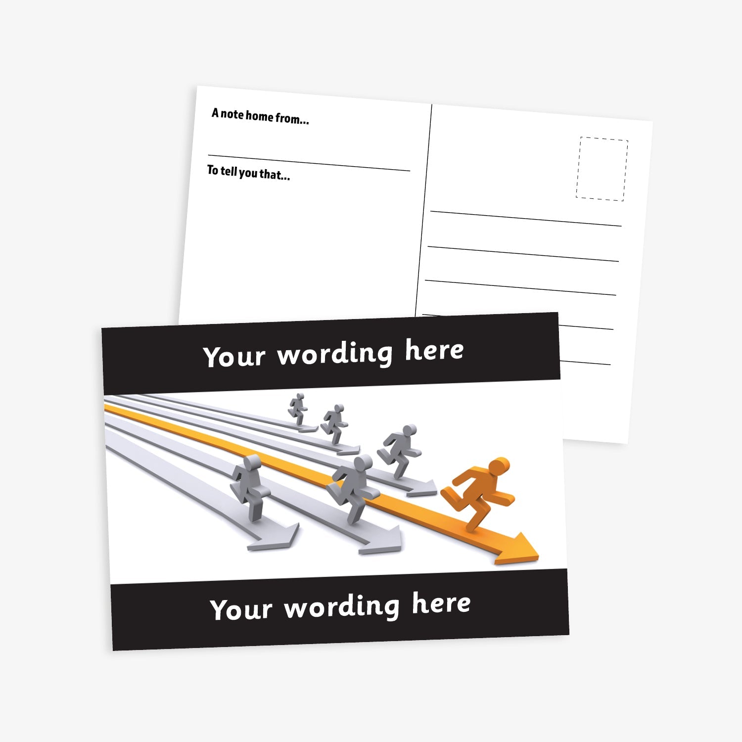 A black bordered A6-sized personalised postcard featuring silver and gold 3D people running on corresponding coloured 3D arrows. The design includes customisable text areas above and below the image, allowing for personalised messages. The reverse side is formatted with recipient detail and address.  Available in 9 colour options.​