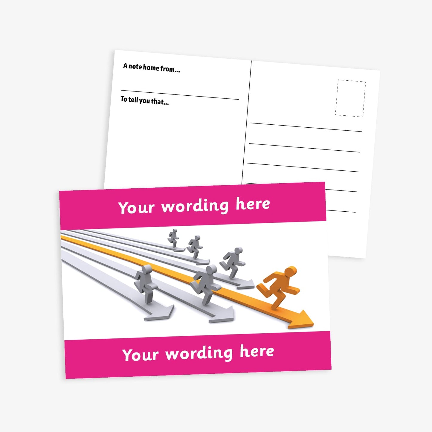 A magenta bordered A6-sized personalised postcard featuring silver and gold 3D people running on corresponding coloured 3D arrows. The design includes customisable text areas above and below the image, allowing for personalised messages. The reverse side is formatted with recipient detail and address.  Available in 9 colour options.​