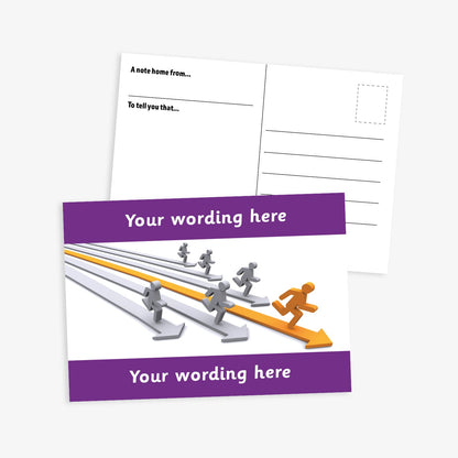 A purple bordered A6-sized personalised postcard featuring silver and gold 3D people running on corresponding coloured 3D arrows. The design includes customisable text areas above and below the image, allowing for personalised messages. The reverse side is formatted with recipient detail and address.  Available in 9 colour options.​