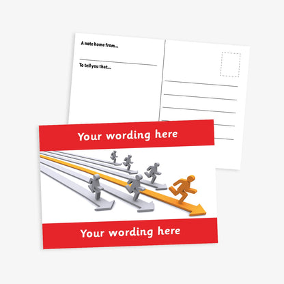 A red bordered A6-sized personalised postcard featuring silver and gold 3D people running on corresponding coloured 3D arrows. The design includes customisable text areas above and below the image, allowing for personalised messages. The reverse side is formatted with recipient detail and address.  Available in 9 colour options.​