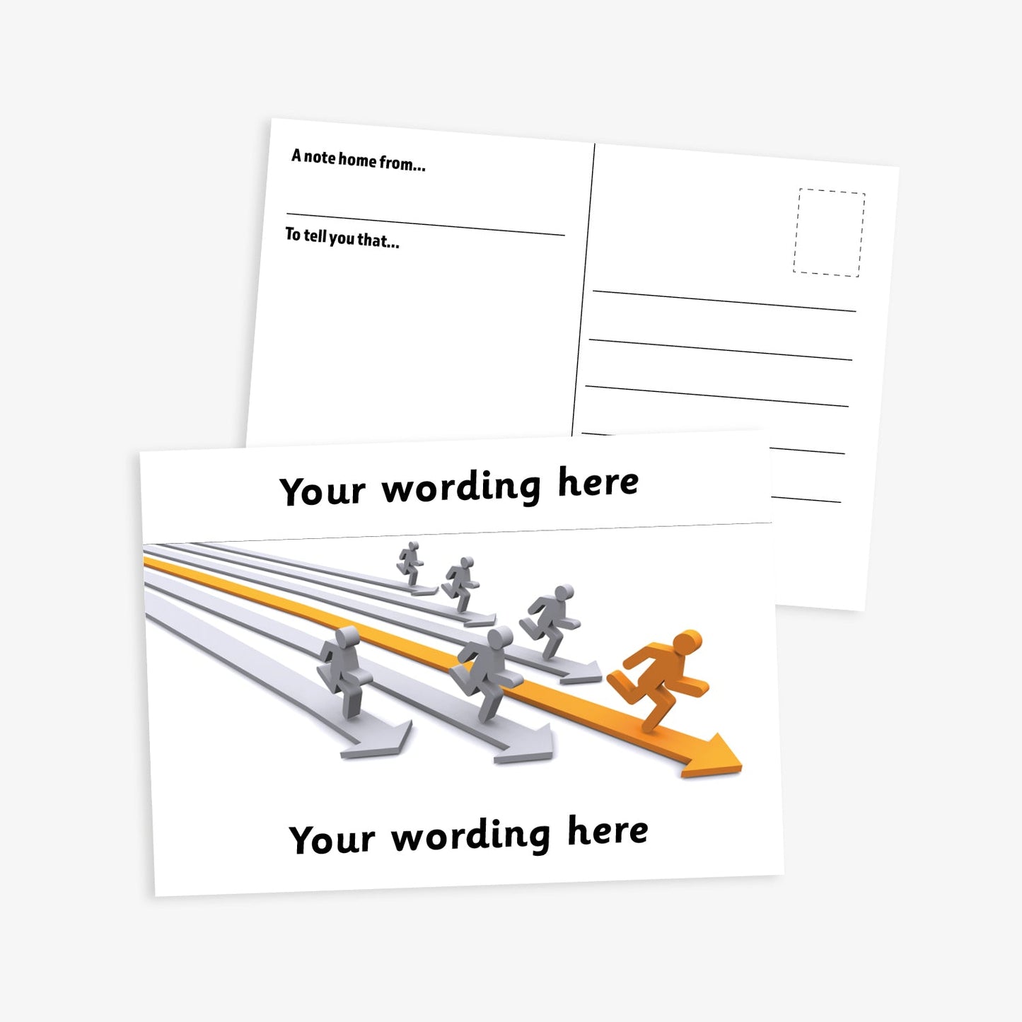 A white bordered A6-sized personalised postcard featuring silver and gold 3D people running on corresponding coloured 3D arrows. The design includes customisable text areas above and below the image, allowing for personalised messages. The reverse side is formatted with recipient detail and address.  Available in 9 colour options.​