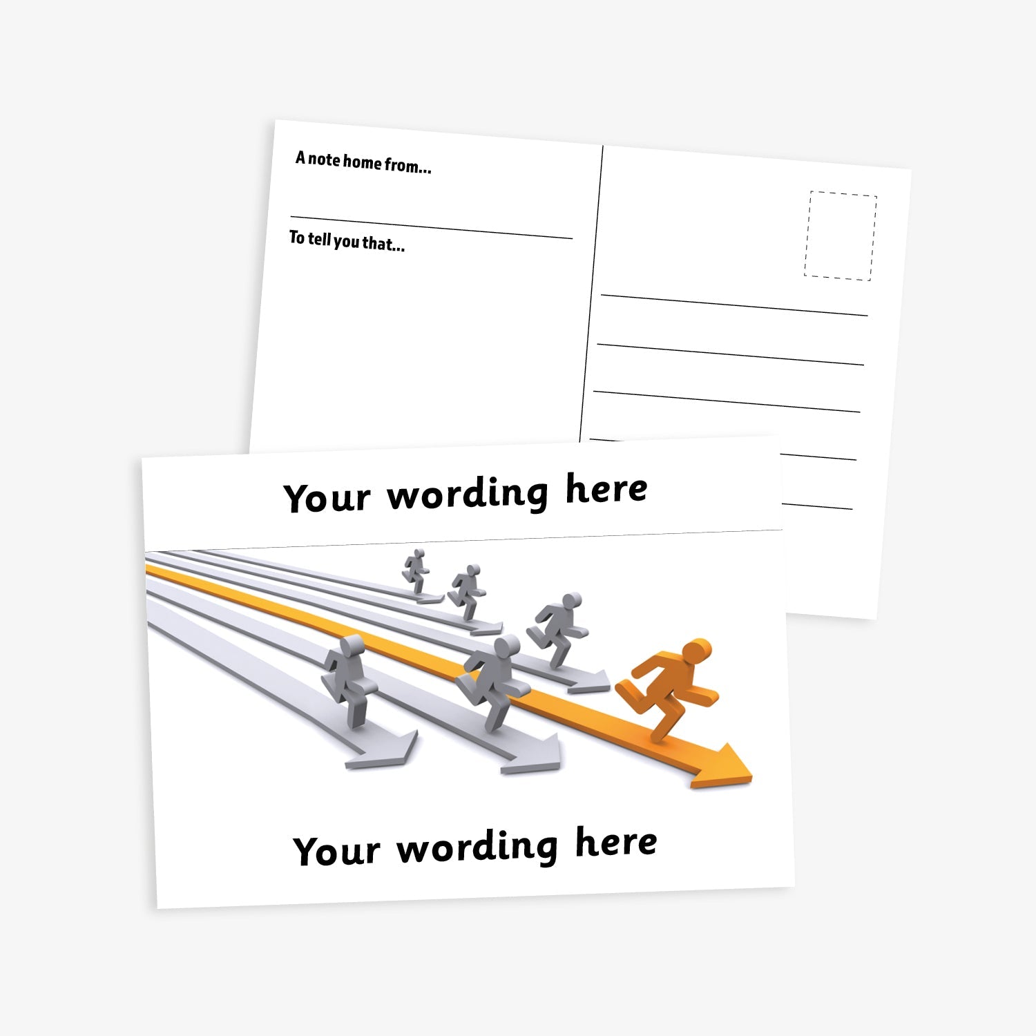 A white bordered A6-sized personalised postcard featuring silver and gold 3D people running on corresponding coloured 3D arrows. The design includes customisable text areas above and below the image, allowing for personalised messages. The reverse side is formatted with recipient detail and address.  Available in 9 colour options.​