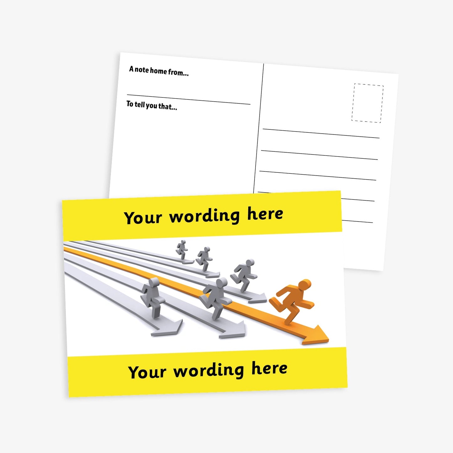 A yellow bordered A6-sized personalised postcard featuring silver and gold 3D people running on corresponding coloured 3D arrows. The design includes customisable text areas above and below the image, allowing for personalised messages. The reverse side is formatted with recipient detail and address.  Available in 9 colour options.​