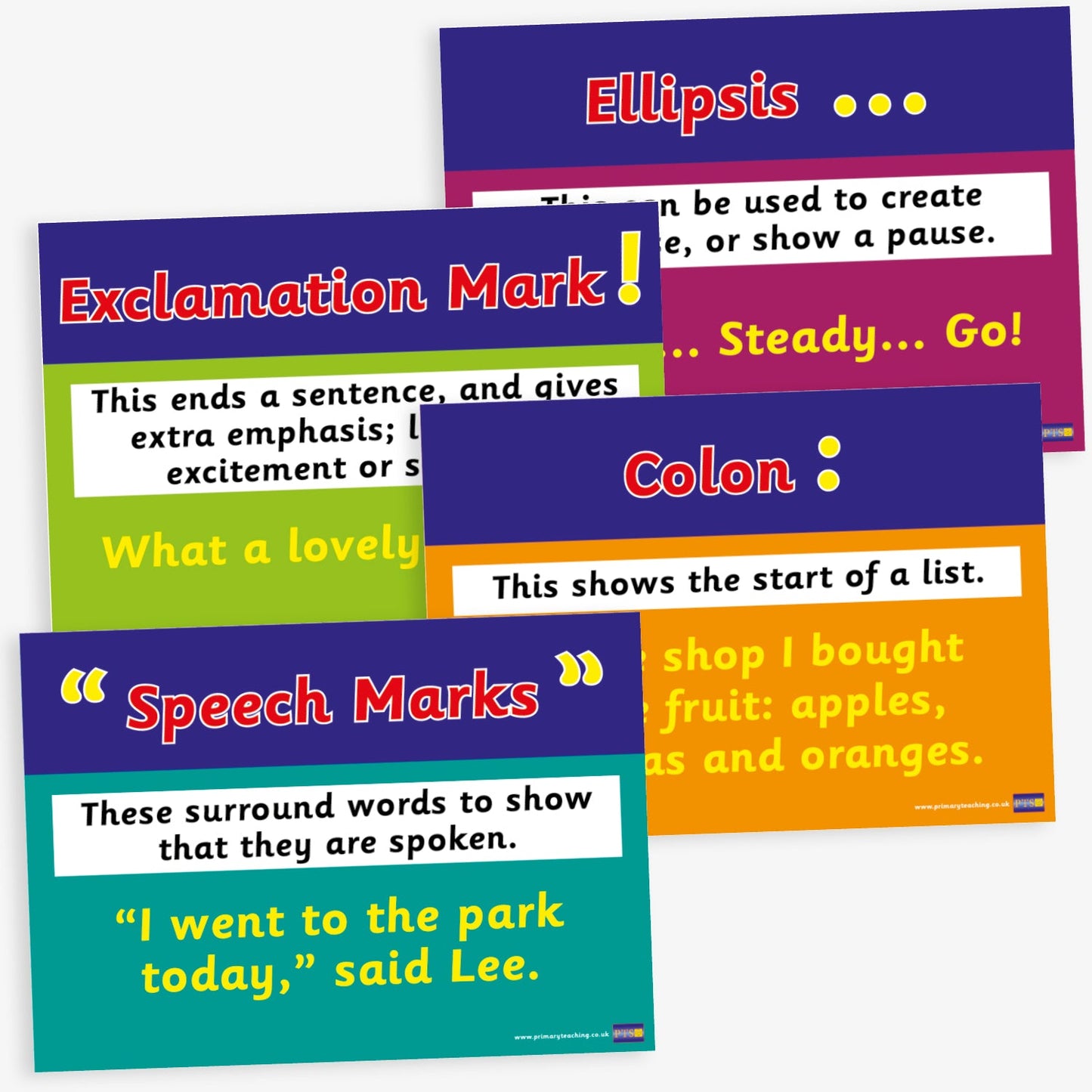 Set of 17 A4-sized punctuation posters designed for classroom use. Each poster features a specific punctuation mark—such as full stop, comma, apostrophe, colon, semicolon, brackets, ellipsis, question mark, exclamation mark, and speech marks—accompanied by a clear definition and example sentence. The posters are brightly coloured with bold, legible text, intended to support pupils' understanding of punctuation in literacy education.