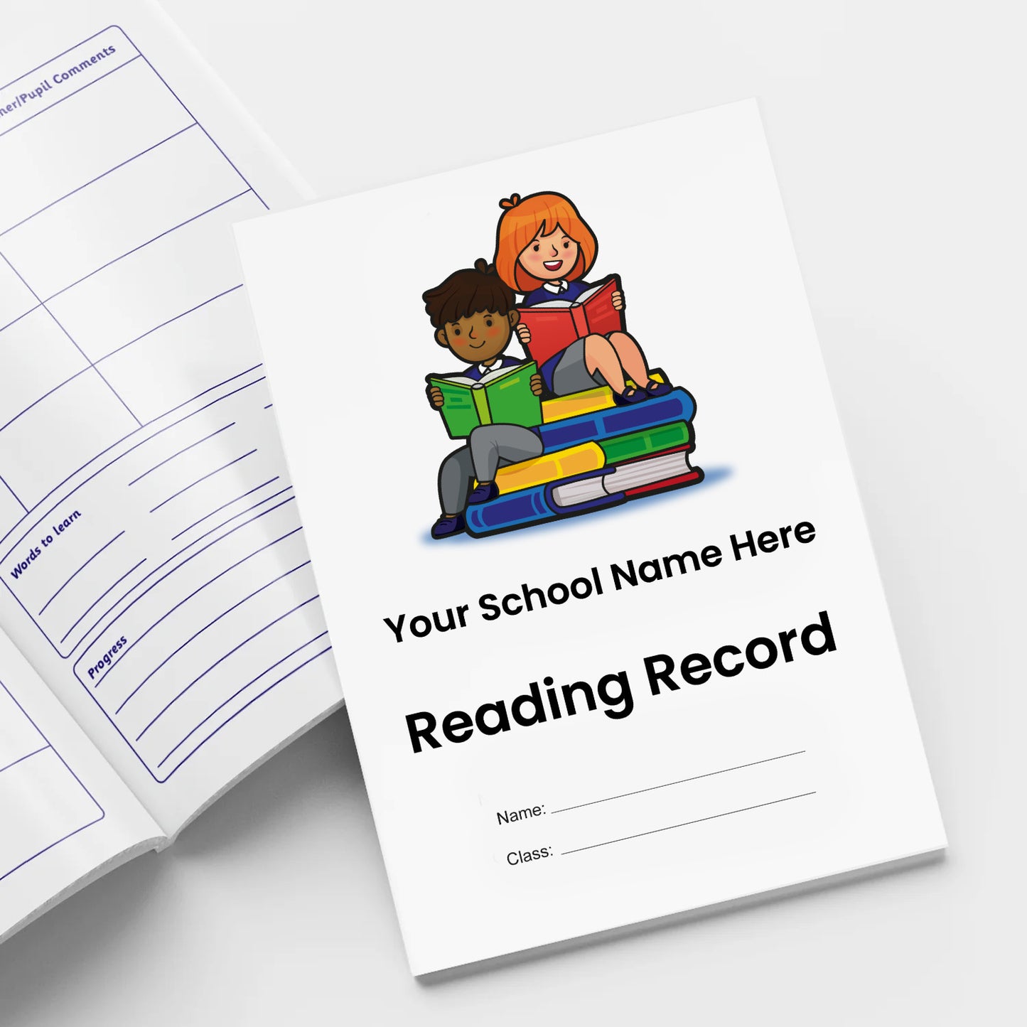 A5-sized personalised reading record books featuring a white background with a colourful cover illustration of two children reading against a stack of books; each book contains 40 pages with sections for recording reading progress, parent/teacher comments, and book reviews; designed to support pupils' literacy development and home-school communication in educational settings