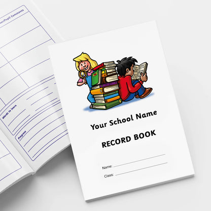 A5-sized personalised reading record books featuring a white background with a colourful cover illustration of two children reading against a stack of books; each book contains 40 pages with sections for recording reading progress, parent/teacher comments, and book reviews; designed to support pupils' literacy development and home-school communication in educational settings