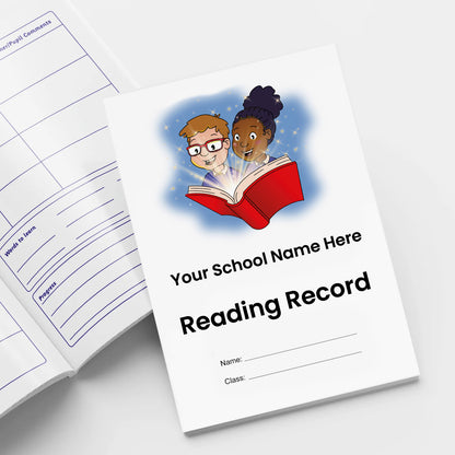 A5-sized personalised reading record books featuring a white background with a colourful cover illustration of two children with a book; each book contains 40 pages with sections for recording reading progress, parent/teacher comments, and book reviews; designed to support pupils' literacy development and home-school communication in educational settings