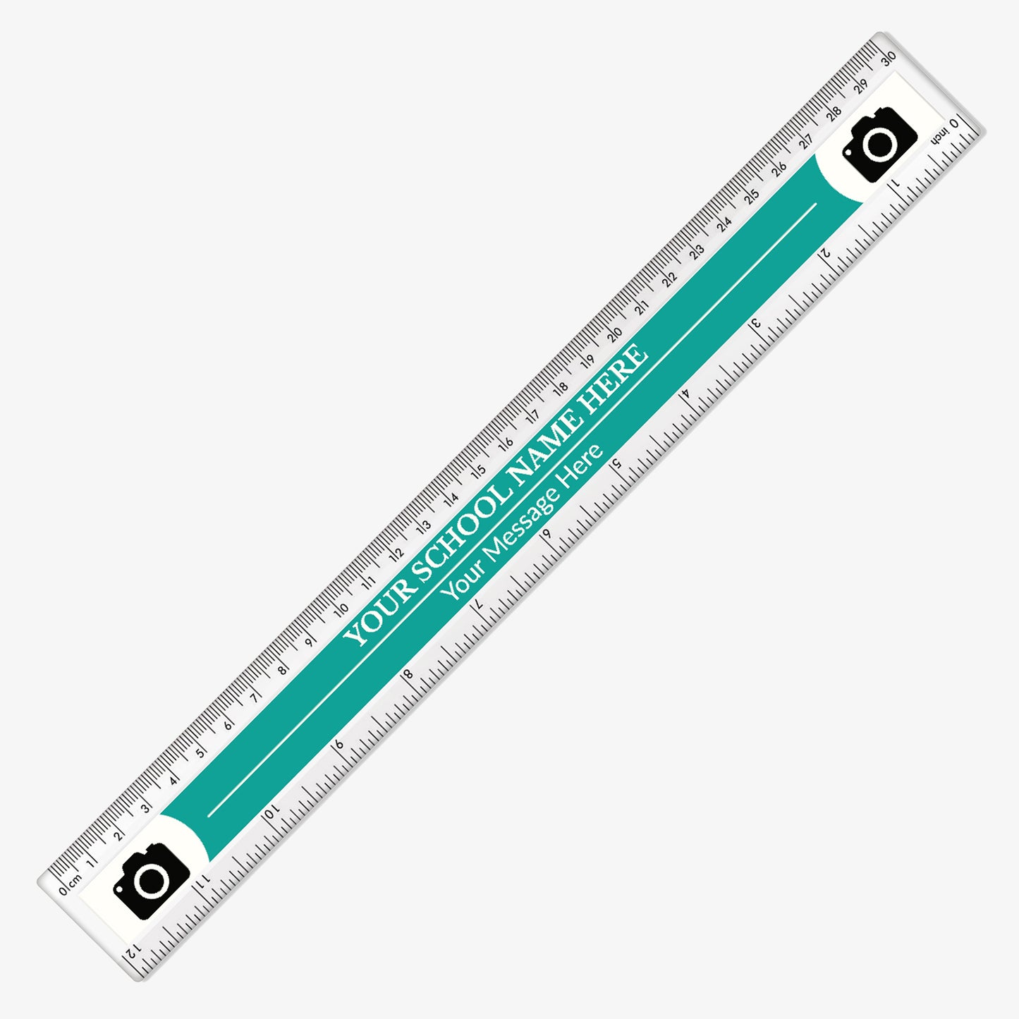 Customisable 30cm plastic ruler with a cyan background. Includes placeholder text across two lines with camera icons at both ends indicating space for logos or images. The ruler features centimetre and millimetre markings along the top edge and inches on the bottom.