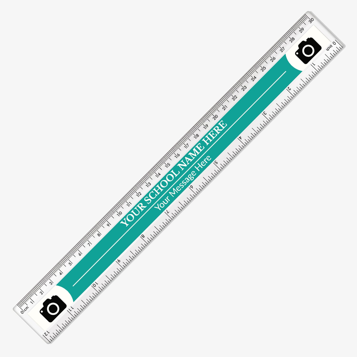 Customisable 30cm plastic ruler with a cyan background. Includes placeholder text across two lines with camera icons at both ends indicating space for logos or images. The ruler features centimetre and millimetre markings along the top edge and inches on the bottom.