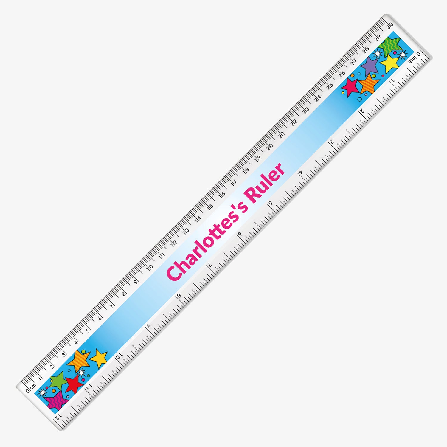 A colourful 30cm plastic ruler with a printed design and measurement markings in centimetres and millimetres. The  ruler has a turquoise background with multicoloured stars at each end and the central phrase 'Charlottes's Ruler' in bold magenta text. 