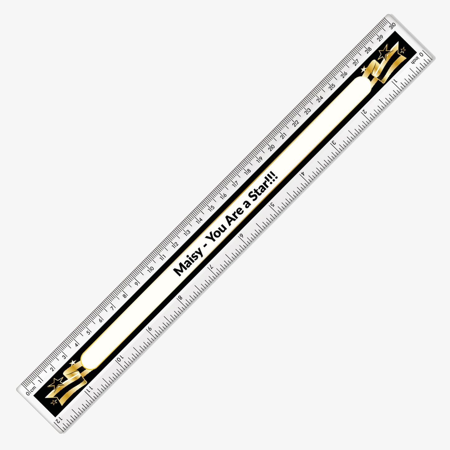 Close up of 30cm plastic ruler with a black background, decorated with a gold and black banner with space in the centre for custom wording in bold text.