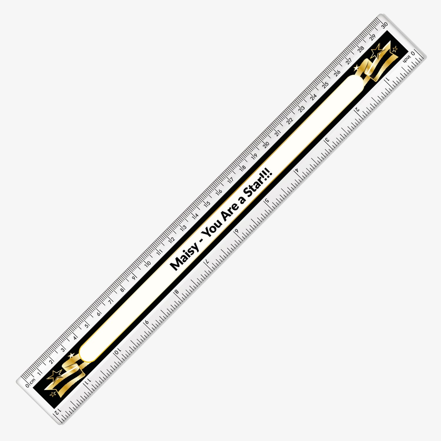 Close up of 30cm plastic ruler with a black background, decorated with a gold and black banner with space in the centre for custom wording in bold text.
