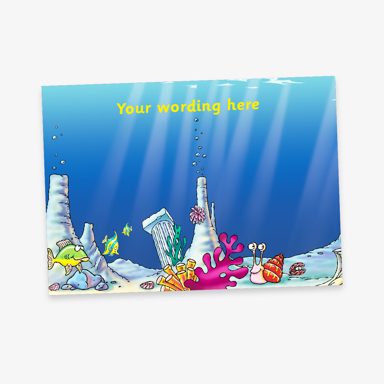 Colourful underwater-themed sticker collector card featuring fish, coral, shells, and ancient ruins, with space for custom yellow text at the top.