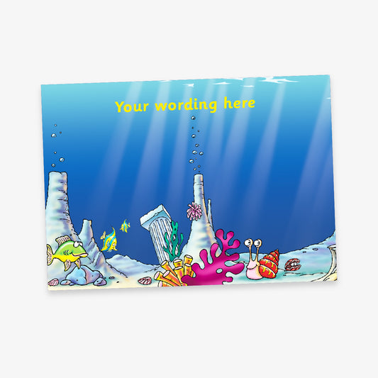 Colourful underwater-themed sticker collector card featuring fish, coral, shells, and ancient ruins, with space for custom yellow text at the top.