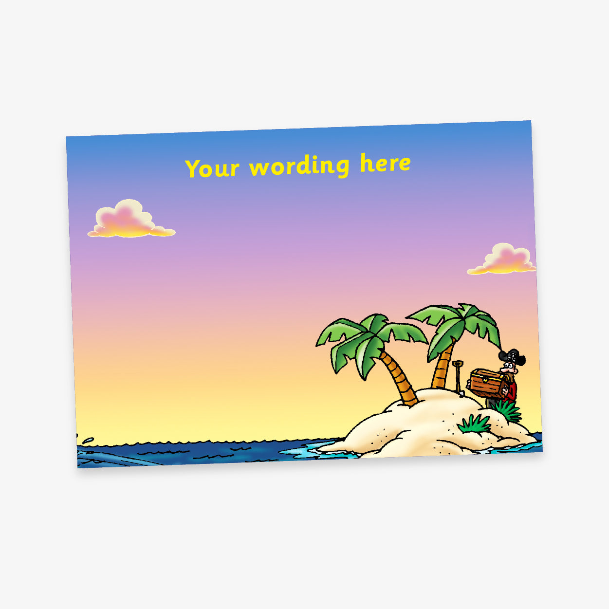A vibrant tropical-themed sticker collecting card featuring a sunset sky with shades of blue, purple, and orange. In the foreground, a small sandy island with two palm trees and a treasure chest is set against the ocean. At the top, placeholder text reads 'Your wording here' in yellow. The central area is left blank for stickers to be attached.