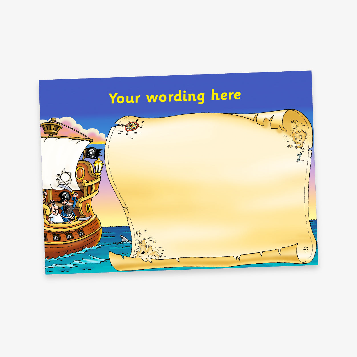 A colourful pirate-themed sticker collecting card with a blue sky and sea background. On the left side, a cartoon pirate ship with cheerful pirate characters sails across the water. The right side features a large, scroll-style parchment area with plenty of blank space for attahcing stickers. At the top, placeholder text reads 'Your wording here' in yellow.