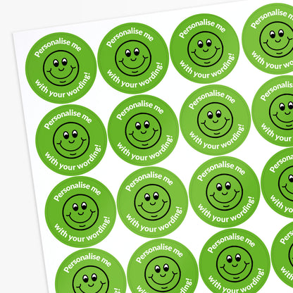 Green stickers with a smiling emoji as the central image.  Space for personalisation above and below the image.
