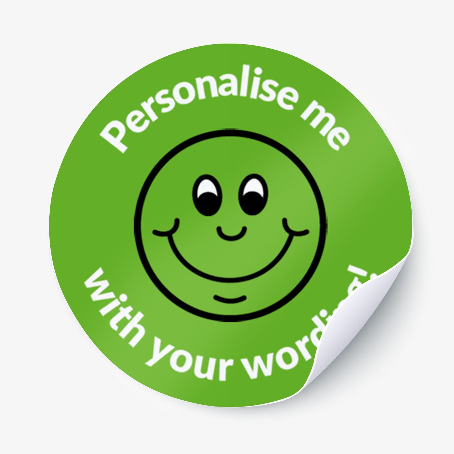 Green sticker with a smiling emoji as the central image.  Space for personalisation above and below the image.