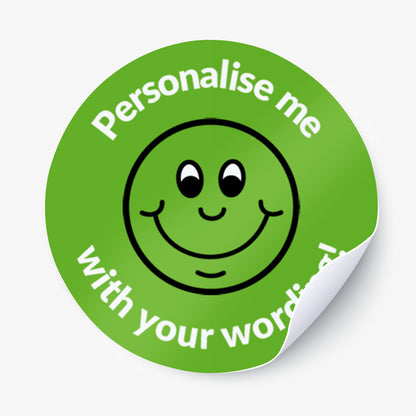Green sticker with a smiling emoji as the central image.  Space for personalisation above and below the image.
