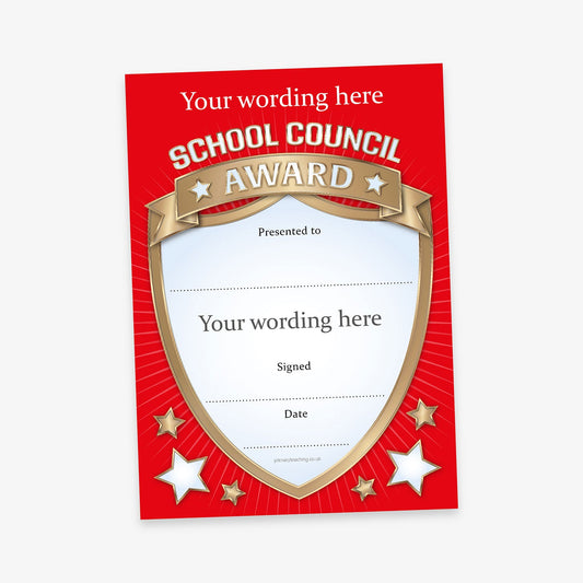 A bold School Council Award certificate with a red background and radiating lines. The design features a large gold and red shield in the centre with a gold ribbon banner reading 'SCHOOL COUNCIL AWARD'. Inside the shield are placeholder lines for 'Presented to:', 'Your wording here', 'Signed', and 'Date'. Decorative white and gold stars appear at the bottom corners.